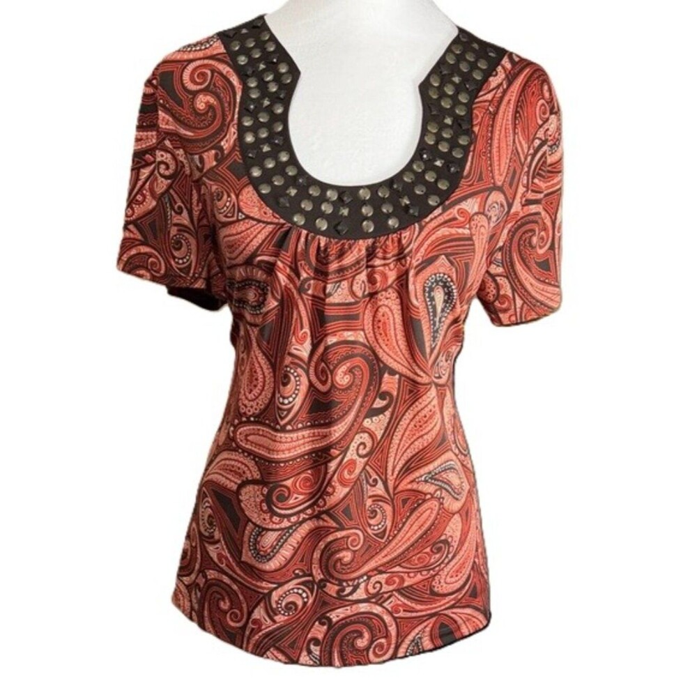 Apt. 9 Stud-Trim Red/Orange Paisley Studded Scoop-Neck Women's Top Boho
